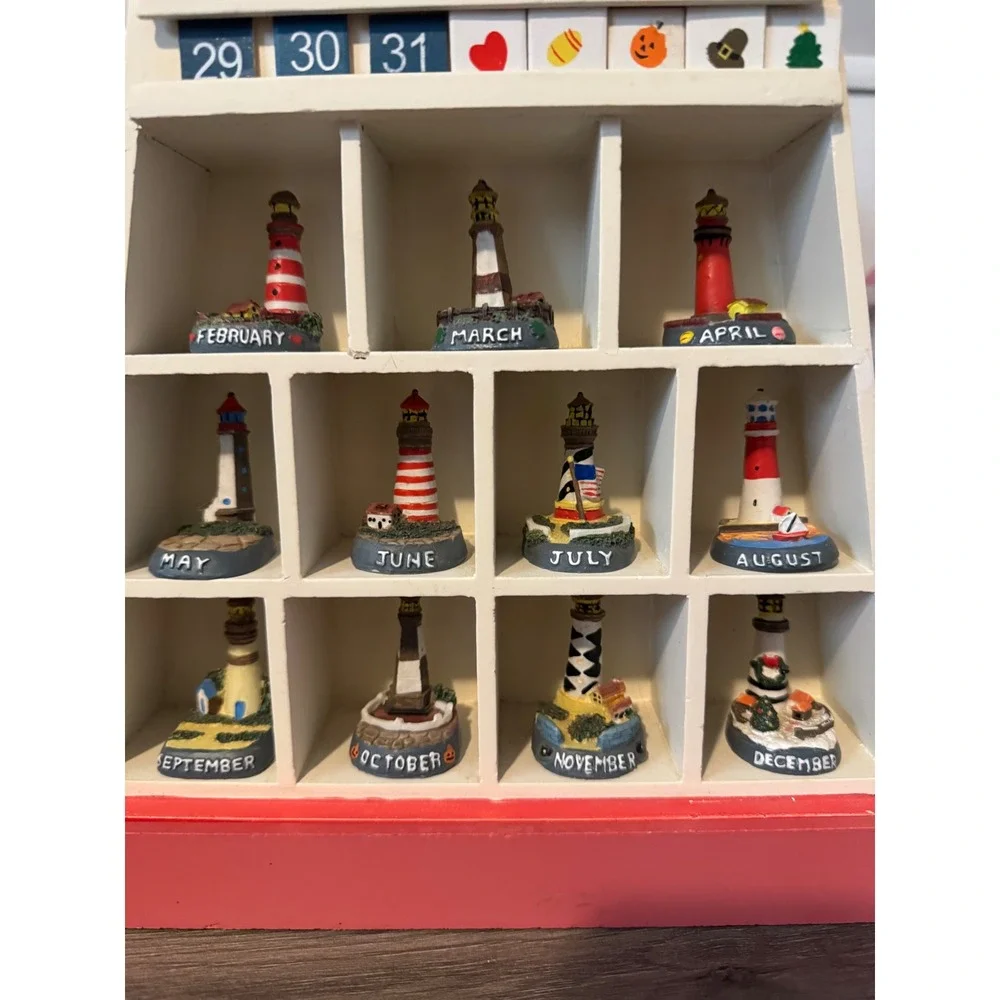 Vintage Lighthouse Wooden Perpetual Calendar Nautical Wall Decor with Figurines